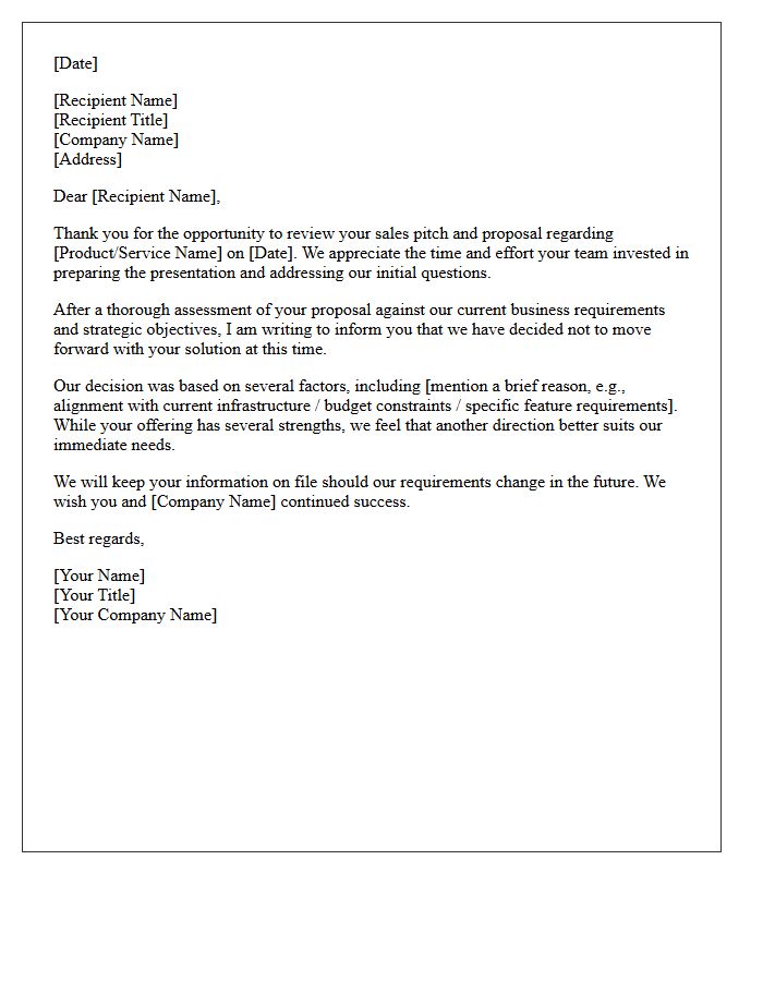 Unsuccessful Sales Pitch Assessment Rejection Letter