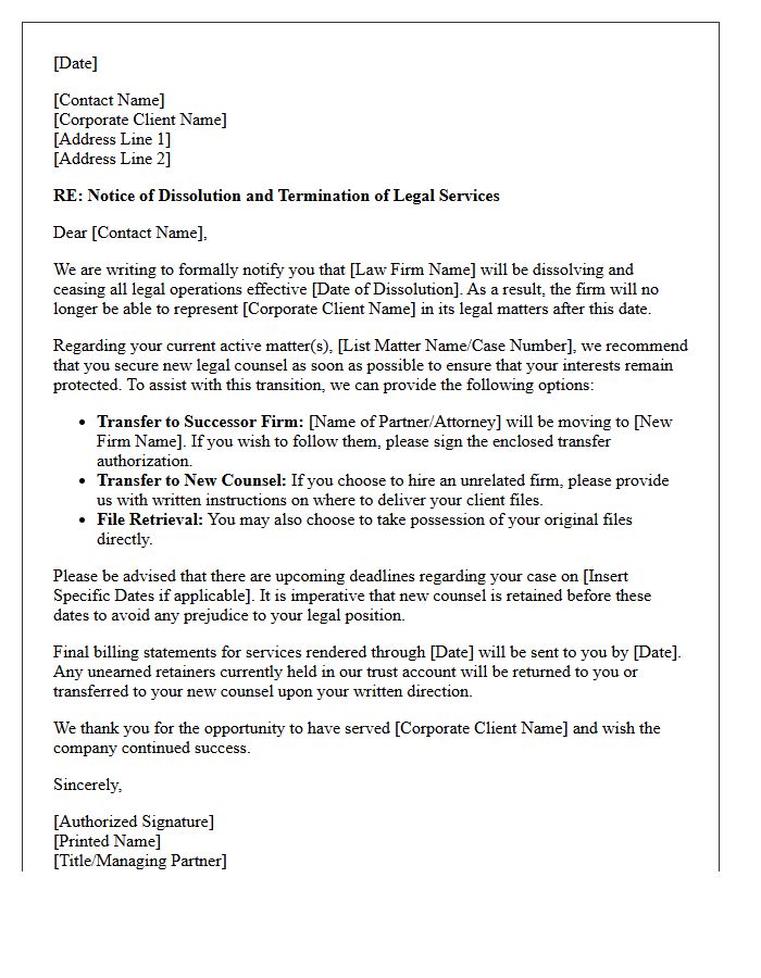 Corporate Client Law Firm Dissolution Disengagement Letter