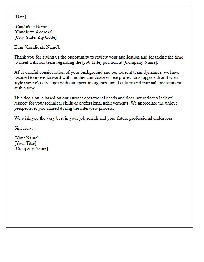 Organizational Culture Mismatch Rejection Letter