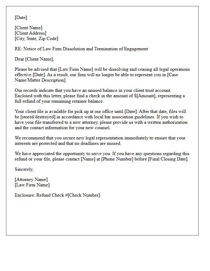 Retainer Refund Law Firm Dissolution Disengagement Letter