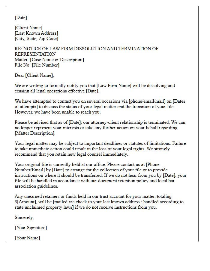 Unreachable Client Law Firm Dissolution Disengagement Letter