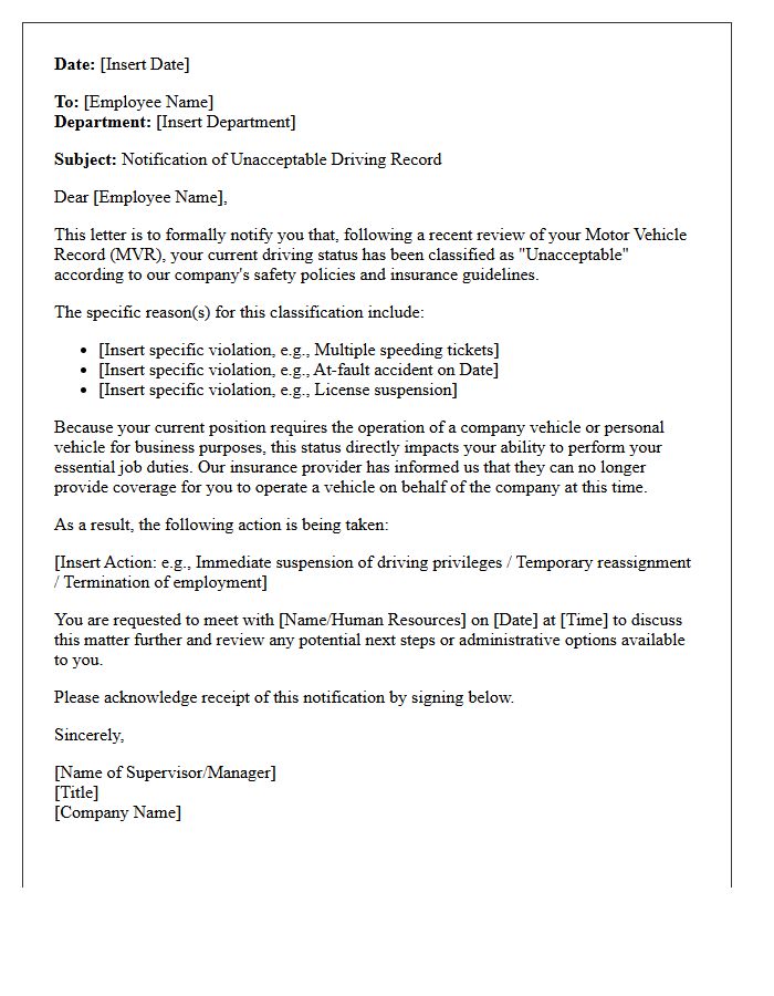 Unacceptable Driving Record Notification Letter