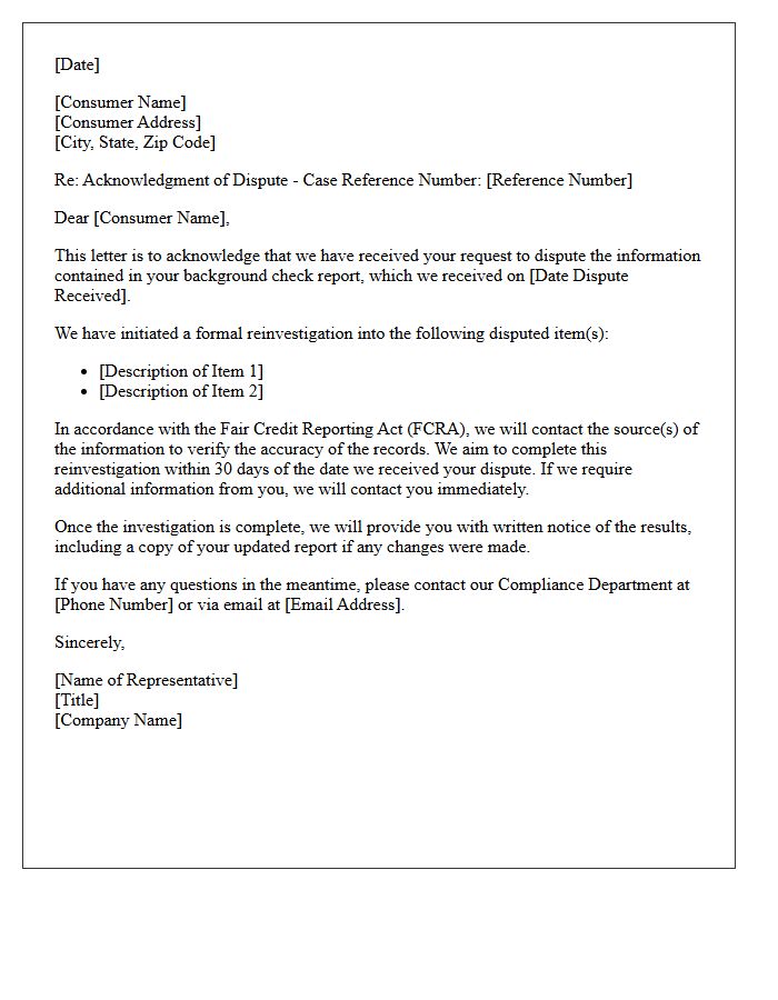 Background Check Dispute Acknowledgment Letter
