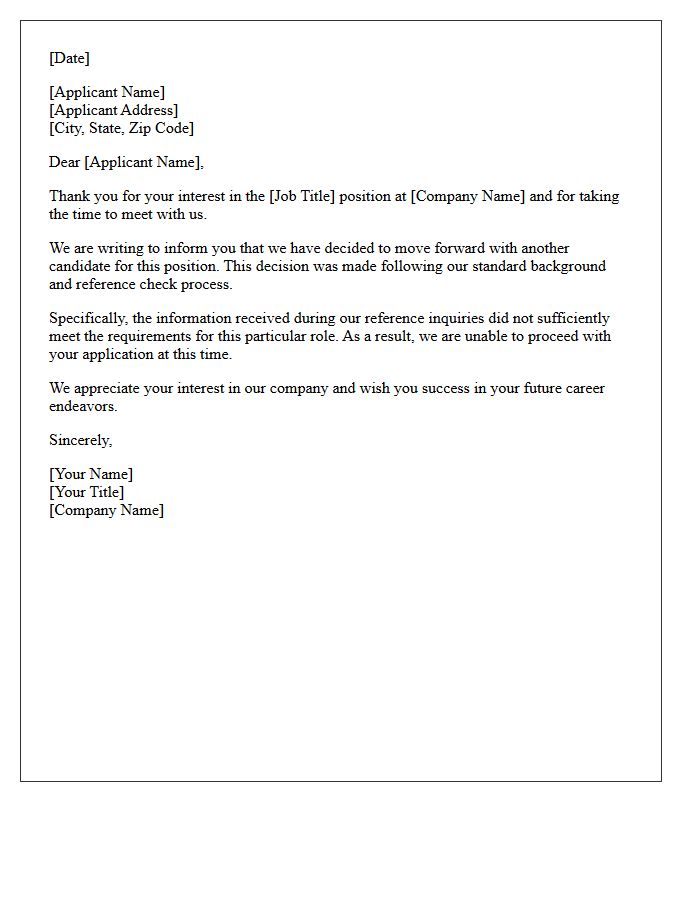 Unfavorable Reference Employment Application Rejection Letter