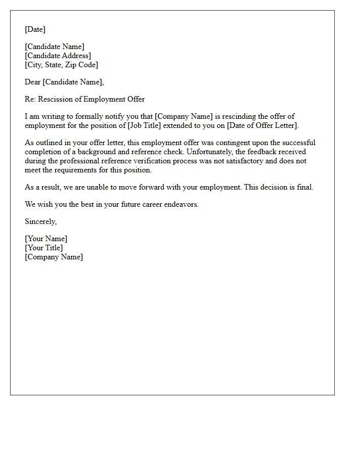 Job Offer Rescission Letter Due to Unsatisfactory References