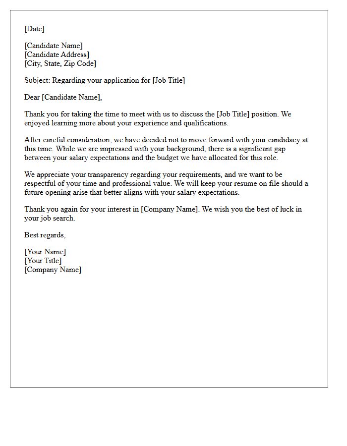 Salary Expectation Mismatch Rejection Letter