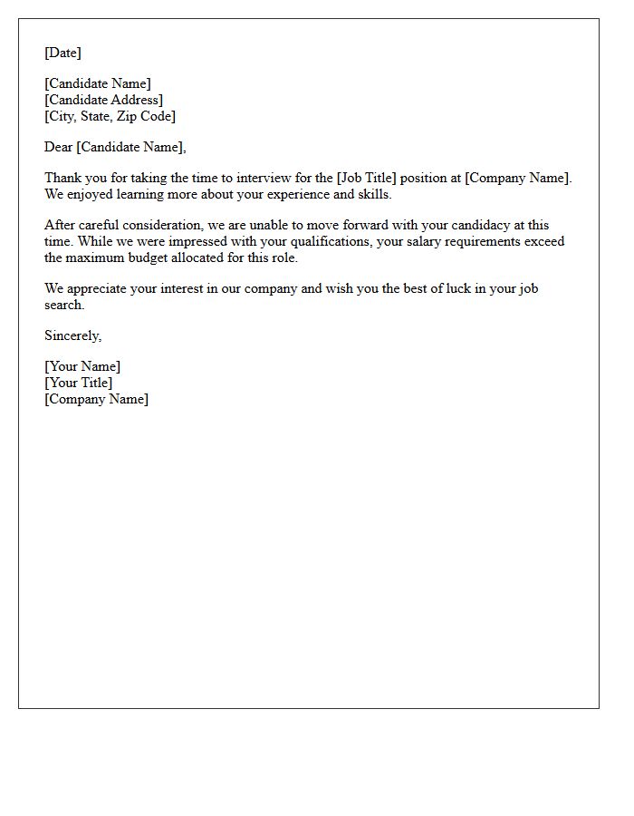 Over Budget Salary Requirement Rejection Letter