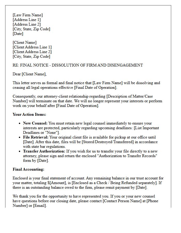 Final Notice Law Firm Dissolution Disengagement Letter