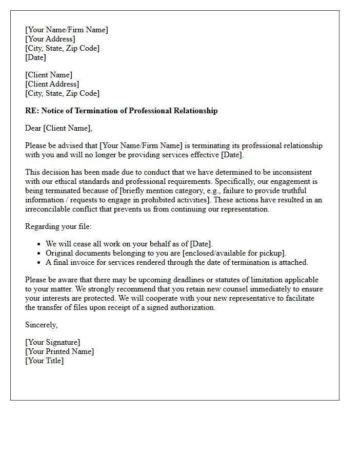 Disengagement Letter Due to Unethical Client Conduct
