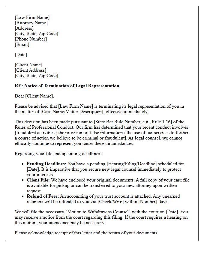 Legal Representation Termination Letter for Fraudulent Client Behavior