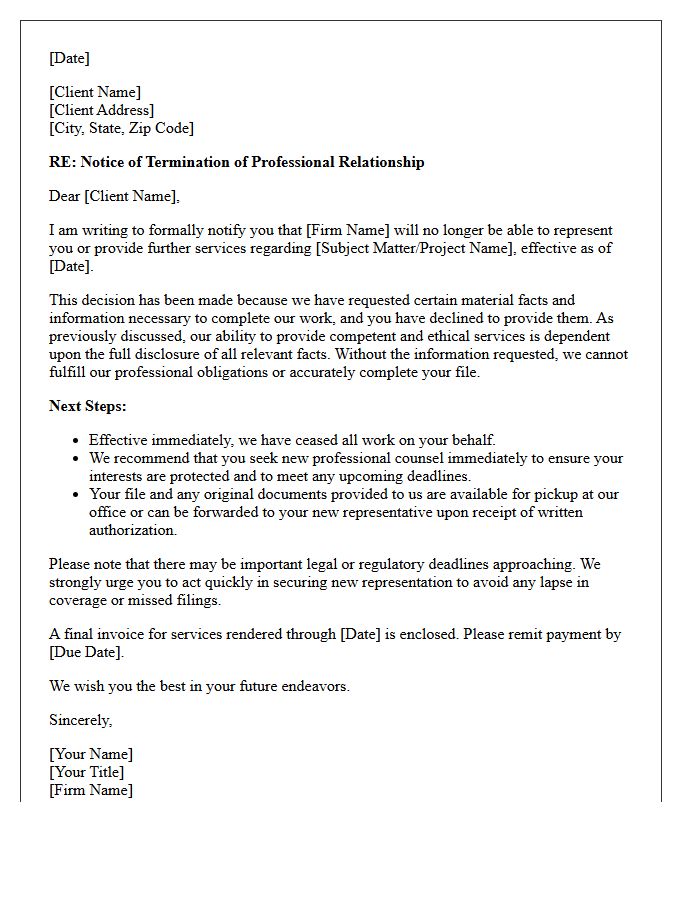 Client Disengagement Letter Regarding Refusal to Disclose Material Facts