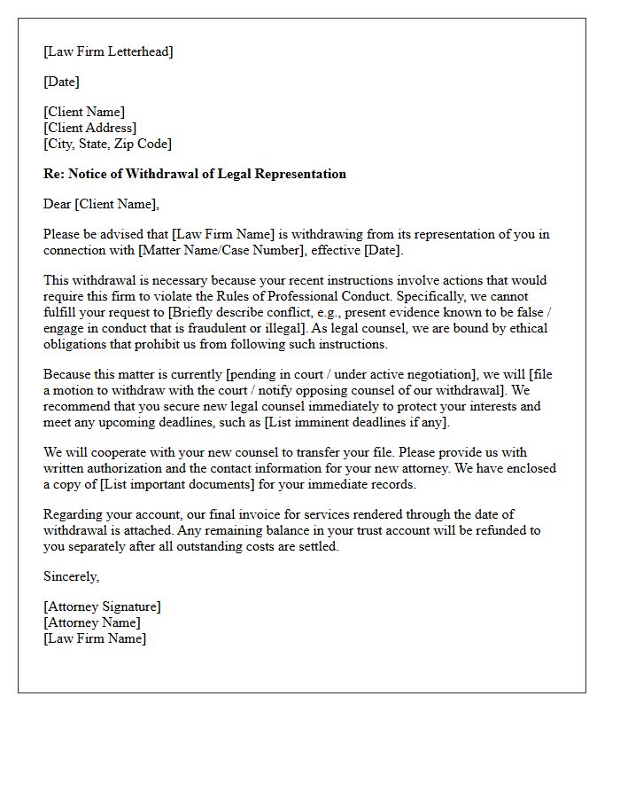 Law Firm Withdrawal Letter Citing Unethical Client Instructions