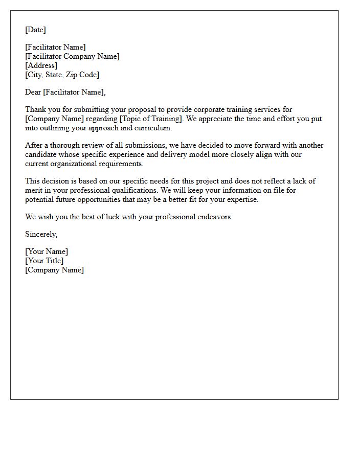 Corporate Training Facilitator Proposal Rejection Letter