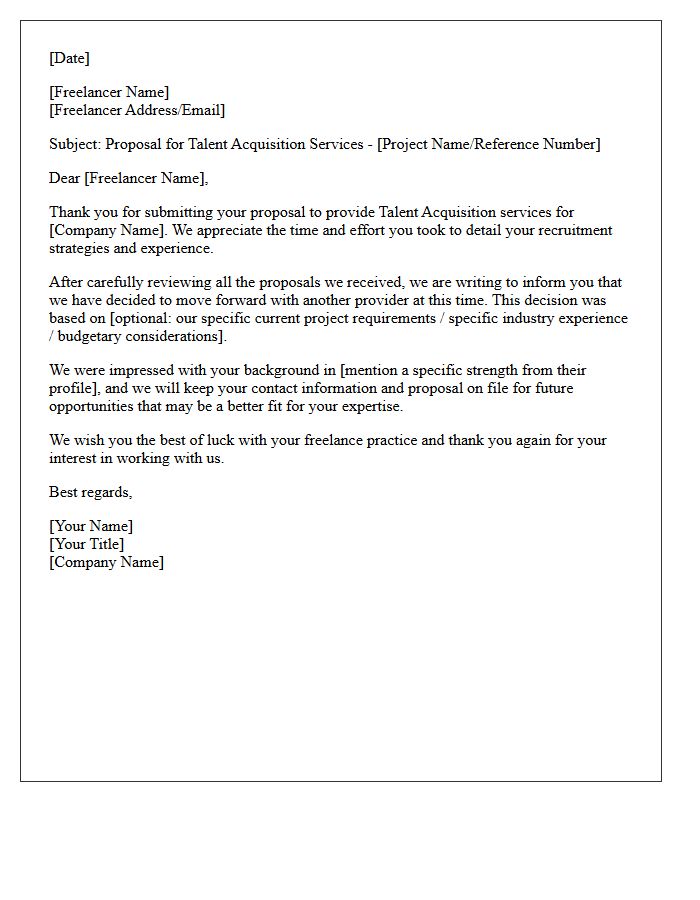 Talent Acquisition Freelancer Proposal Rejection Letter