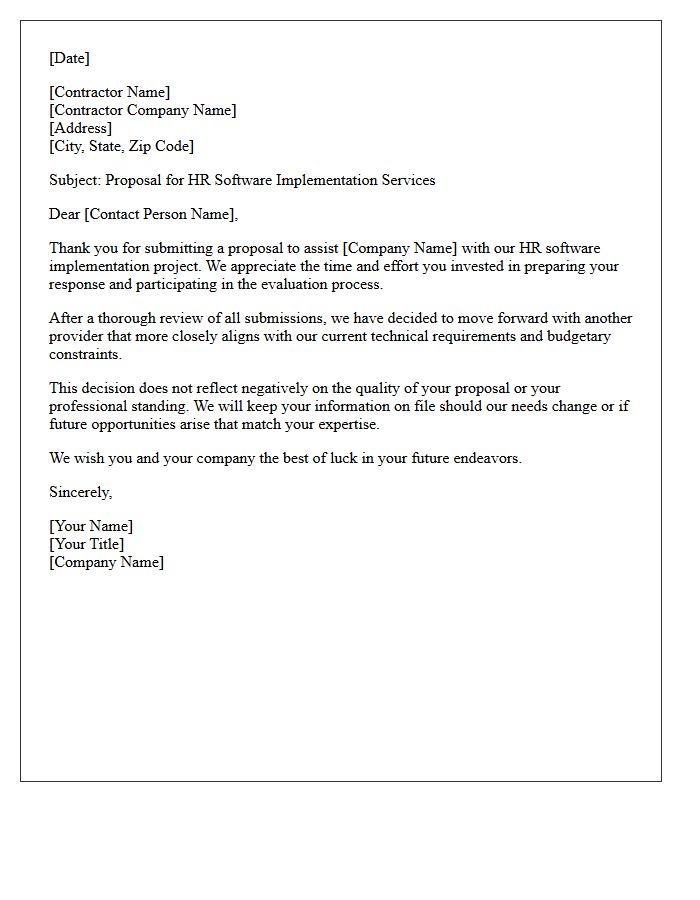 Human Resources Software Implementation Contractor Proposal Rejection Letter