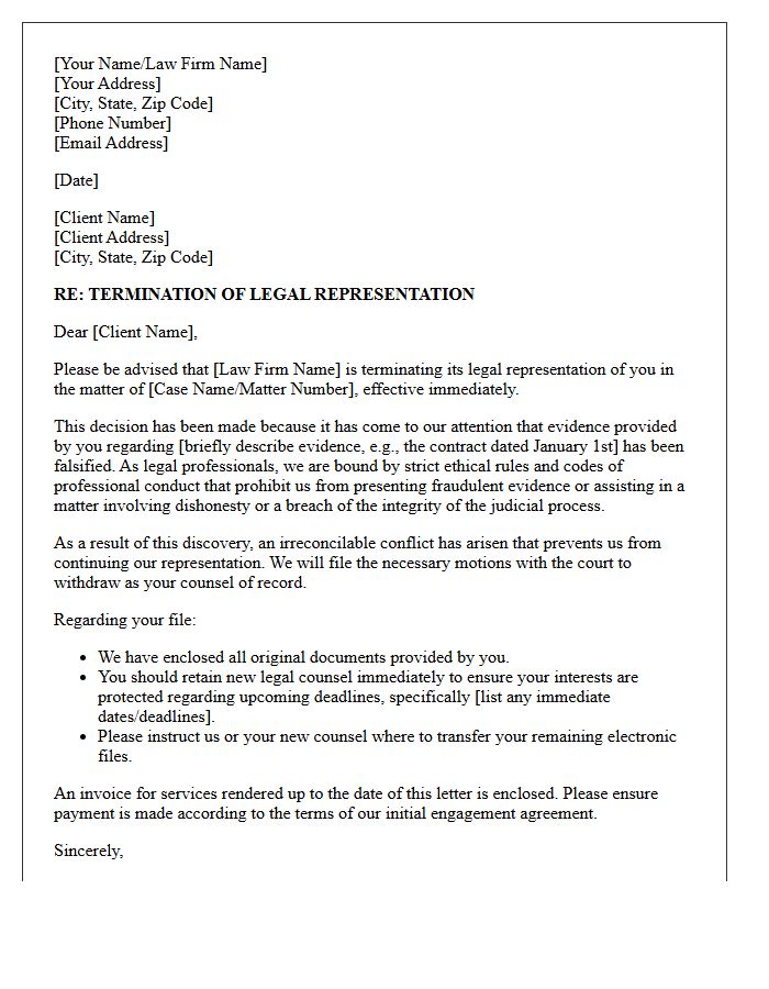 Disengagement Letter for Client Falsification of Evidence