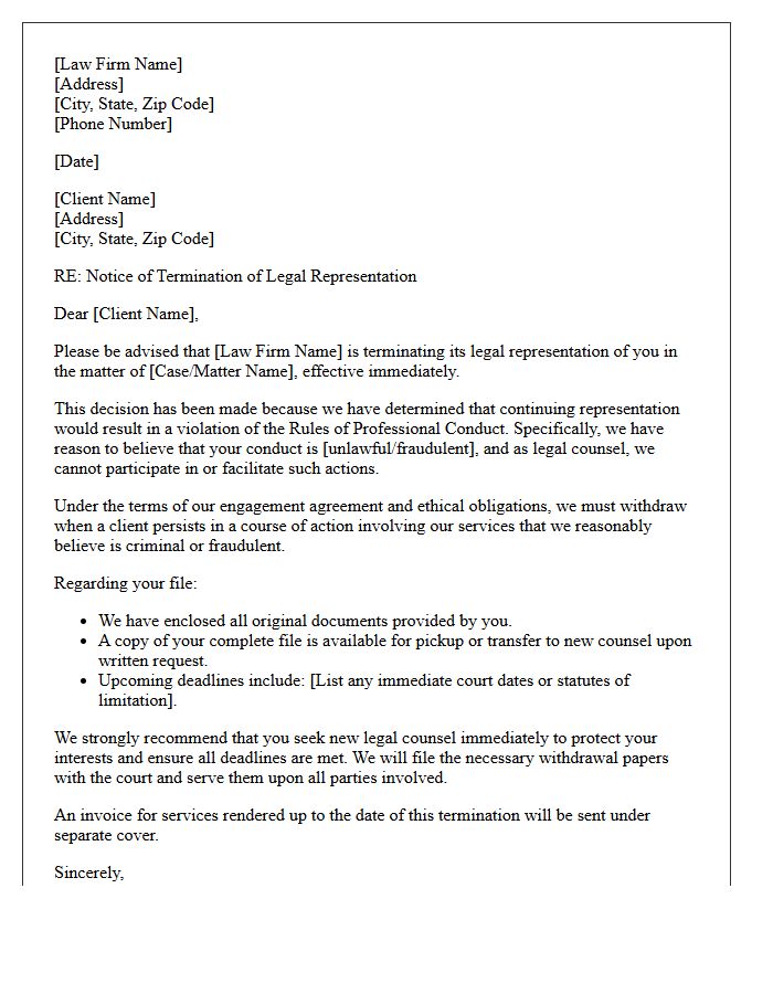 Termination of Representation Letter Due to Unlawful Client Conduct