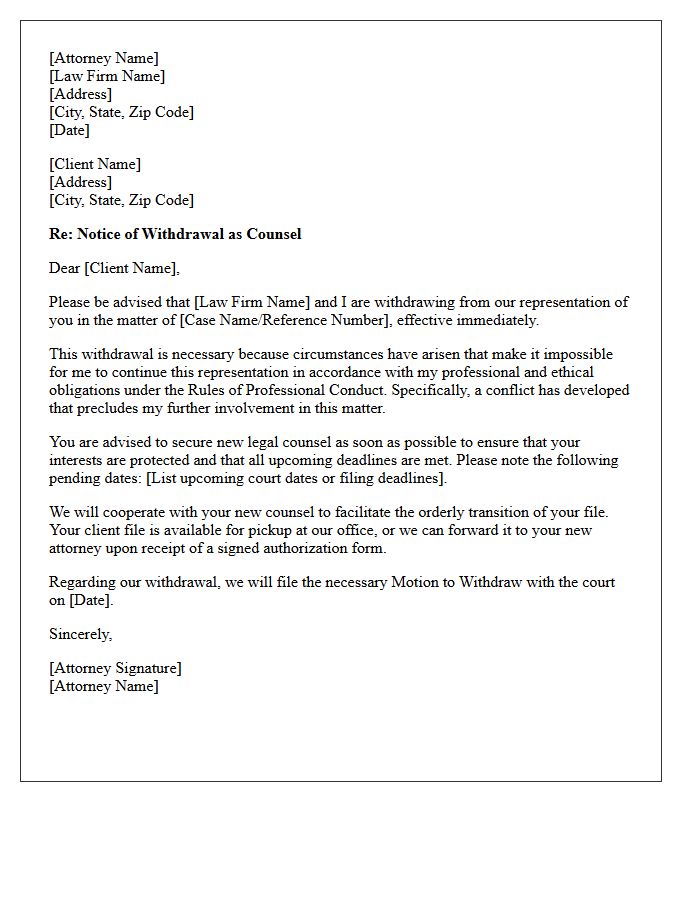 Attorney Withdrawal Letter for Breach of Ethical Obligations