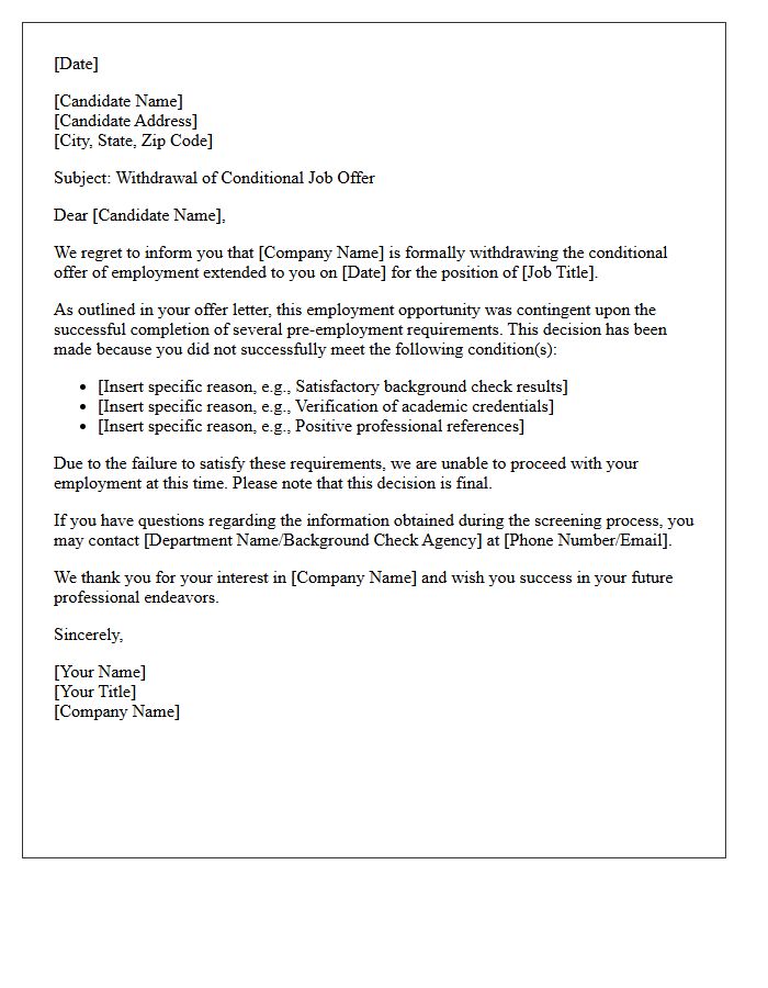 Conditional Job Offer Withdrawal Rejection Letter