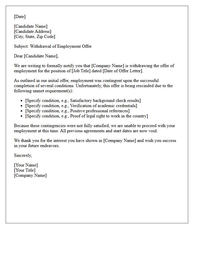 Unmet Employment Conditions Offer Withdrawal Letter