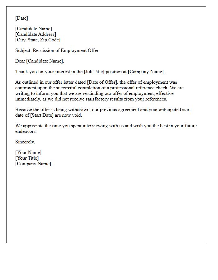Unsatisfactory Reference Check Offer Rejection Letter
