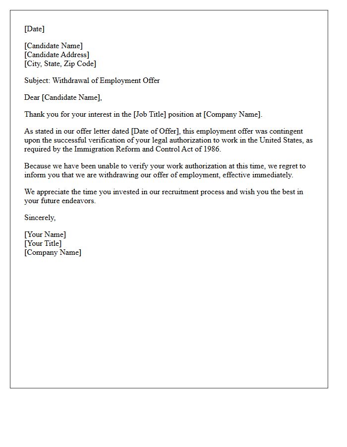 Work Authorization Failure Offer Withdrawal Letter