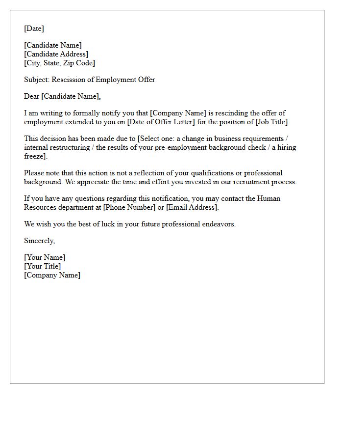 Rescinded Employment Offer Official Rejection Letter
