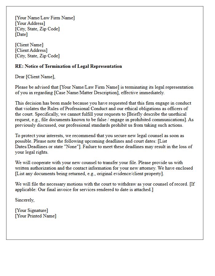 Client Termination Letter Following Requests for Unethical Legal Actions
