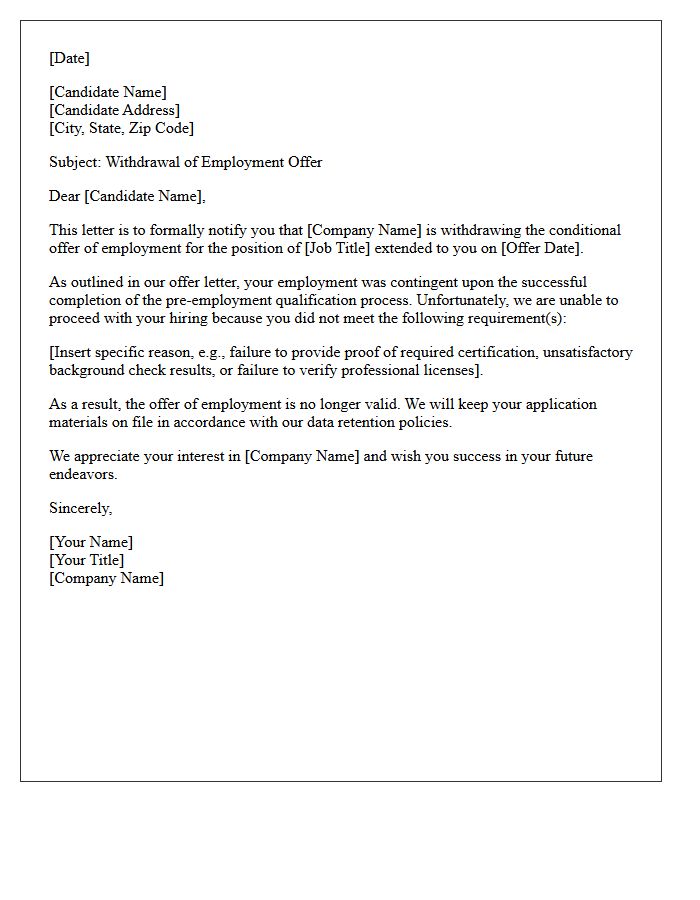 Candidate Qualification Failure Offer Withdrawal Letter
