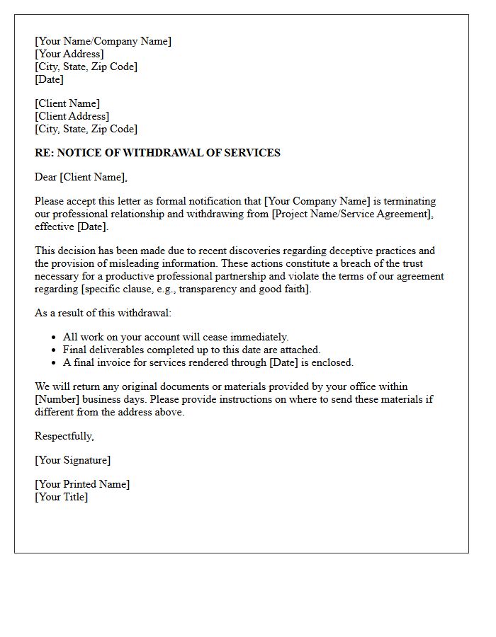 Notice of Withdrawal Letter for Deceptive Client Practices