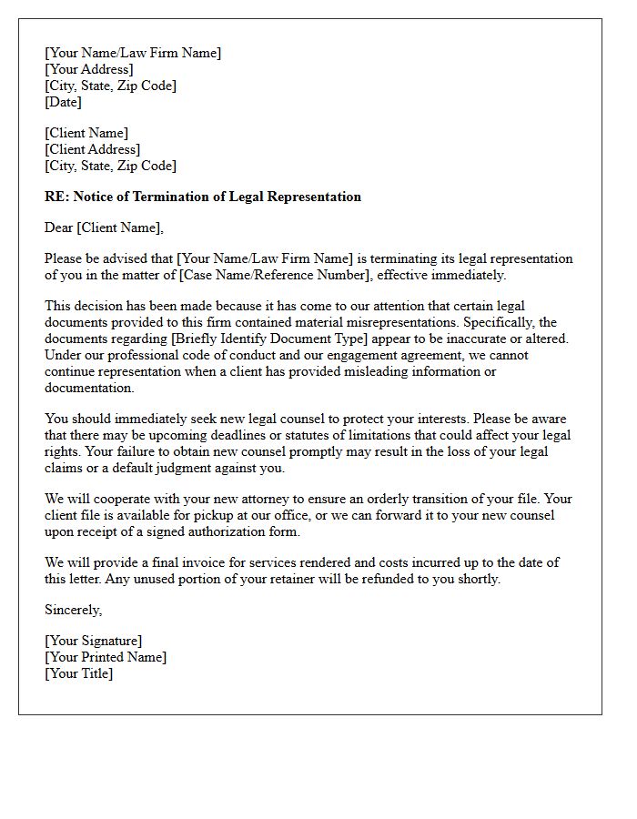 Disengagement Letter Due to Client Misrepresentation of Legal Documents