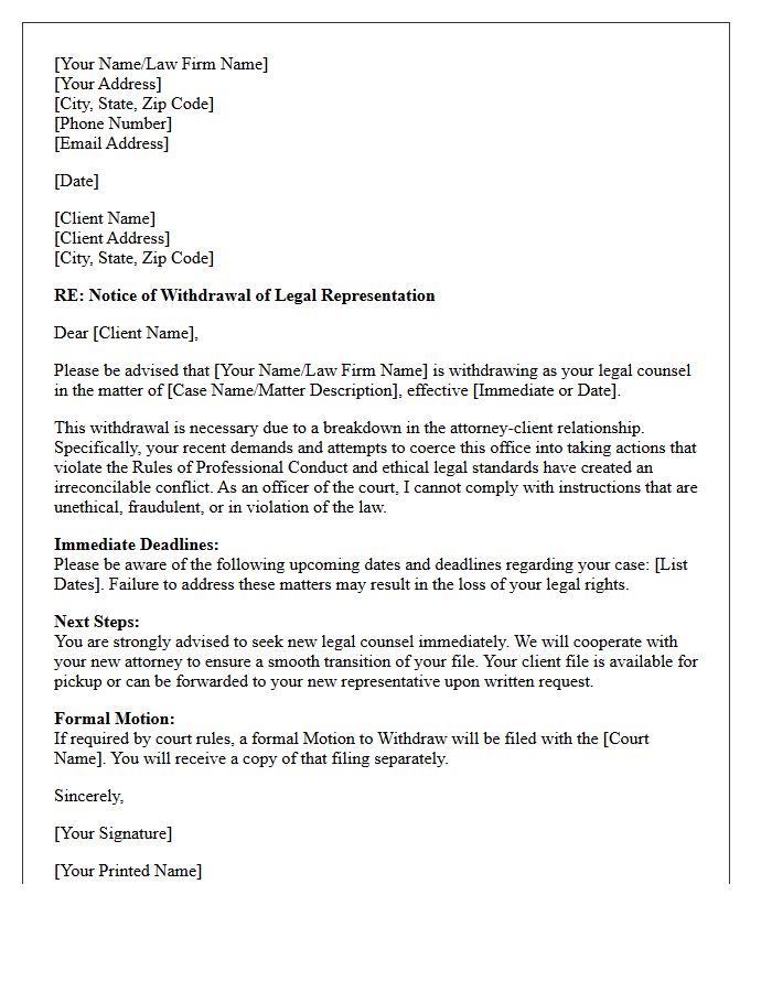 Counsel Withdrawal Letter for Client Coercion and Unethical Demands