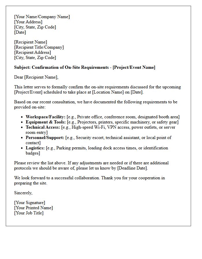 On-Site Requirement Confirmation Letter