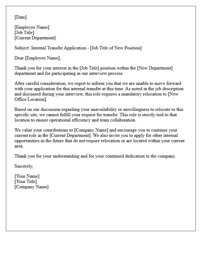Internal Transfer Relocation Unwillingness Rejection Letter