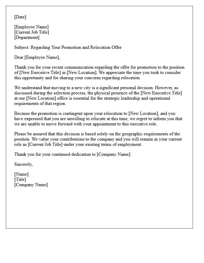 Executive Promotion Relocation Unwillingness Rejection Letter