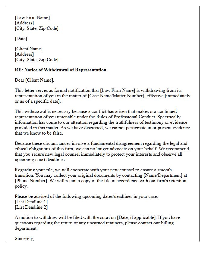 Law Firm Disengagement Letter Regarding Client Perjury Concerns