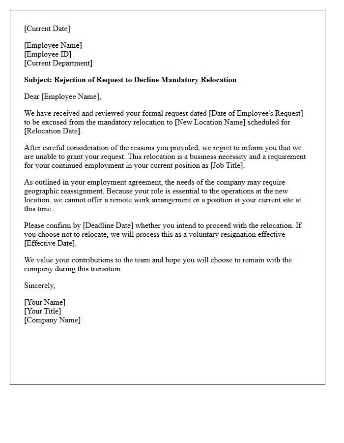 Mandatory Relocation Unwillingness Rejection Letter