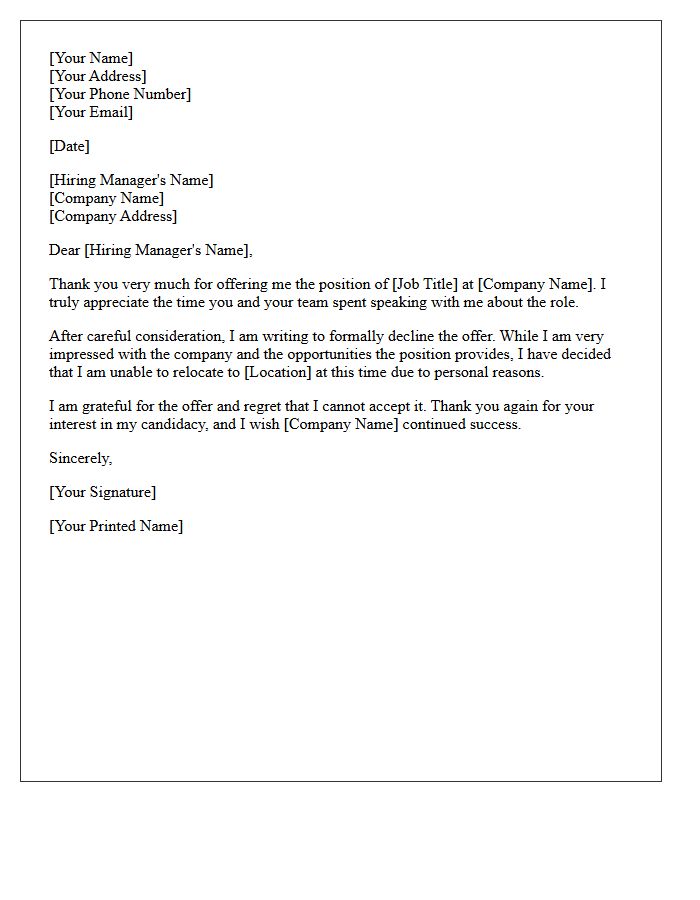 Job Offer Relocation Unwillingness Rejection Letter