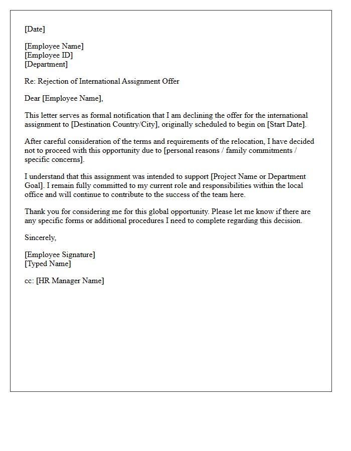 International Assignment Relocation Unwillingness Rejection Letter