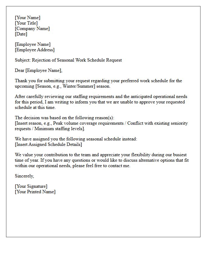Seasonal Work Schedule Rejection Letter