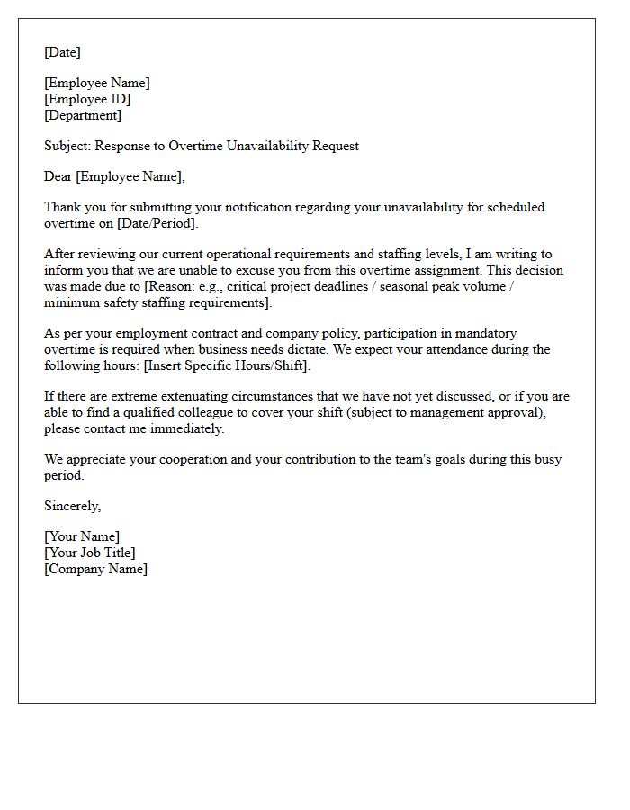 Overtime Unavailability Rejection Letter