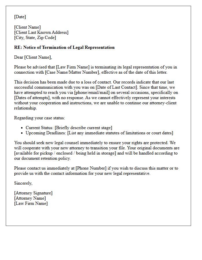 Termination of Representation Letter Due to Loss of Contact