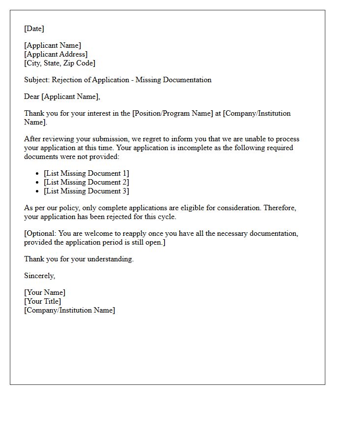 Missing Documents Application Rejection Letter