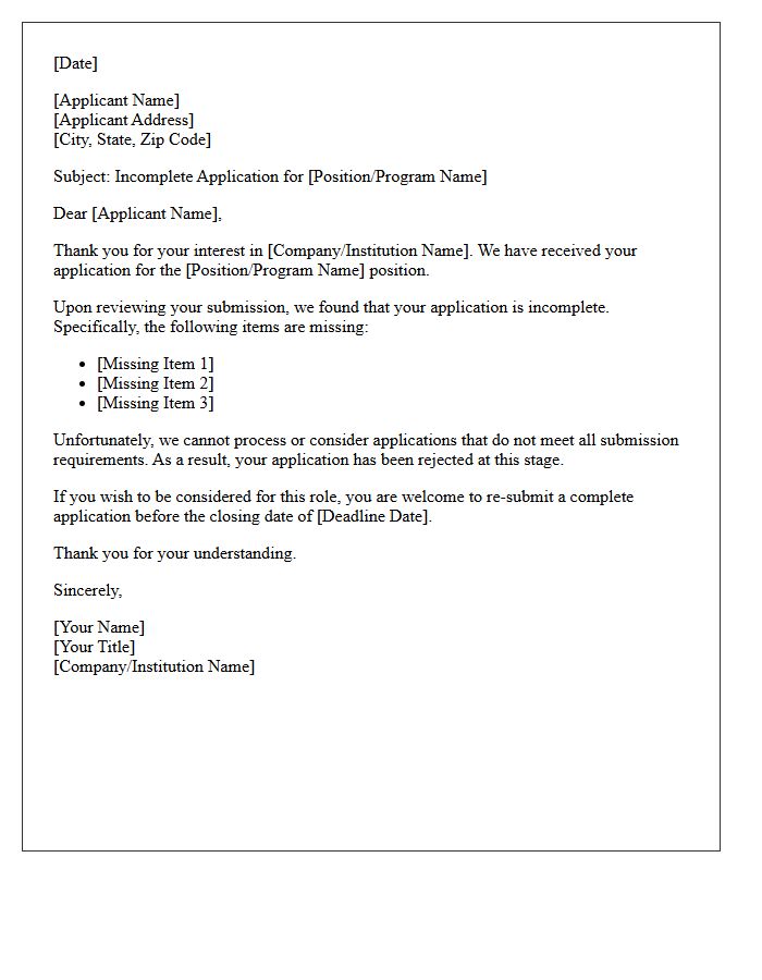 Partial Application Submission Rejection Letter