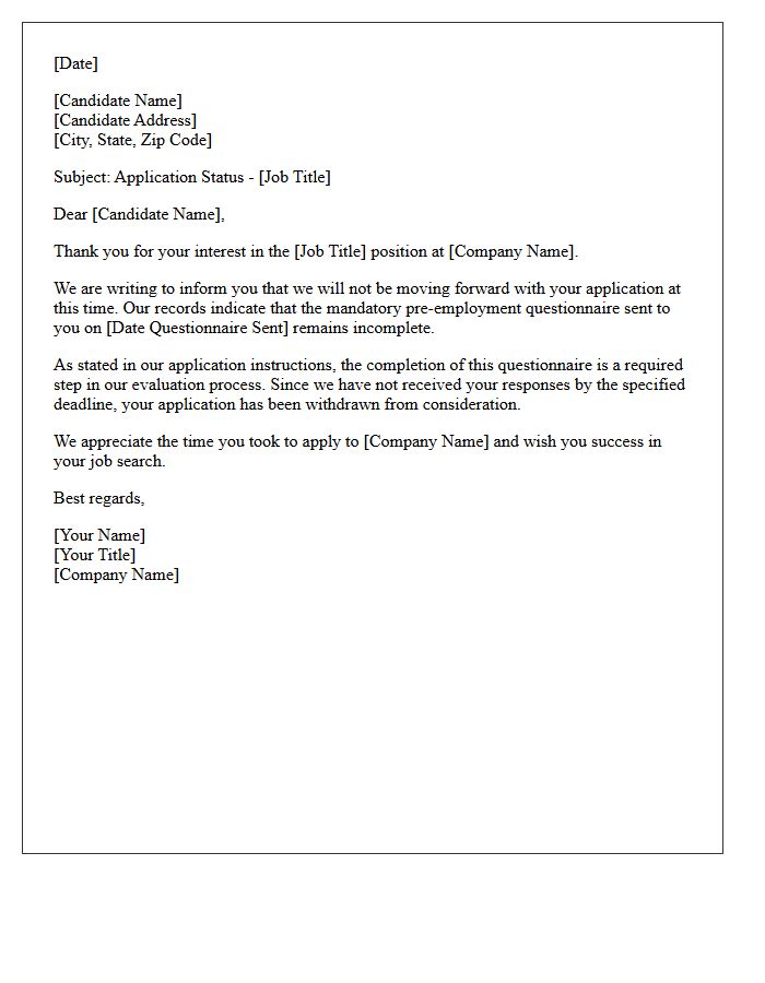 Unanswered Questionnaire Application Rejection Letter