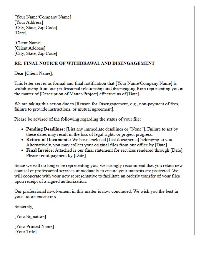 Final Notice of Withdrawal and Disengagement Letter