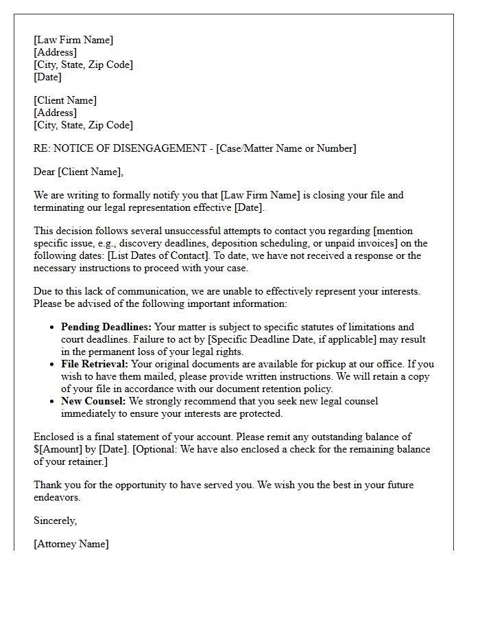 Abandonment of Legal Matter Disengagement Letter