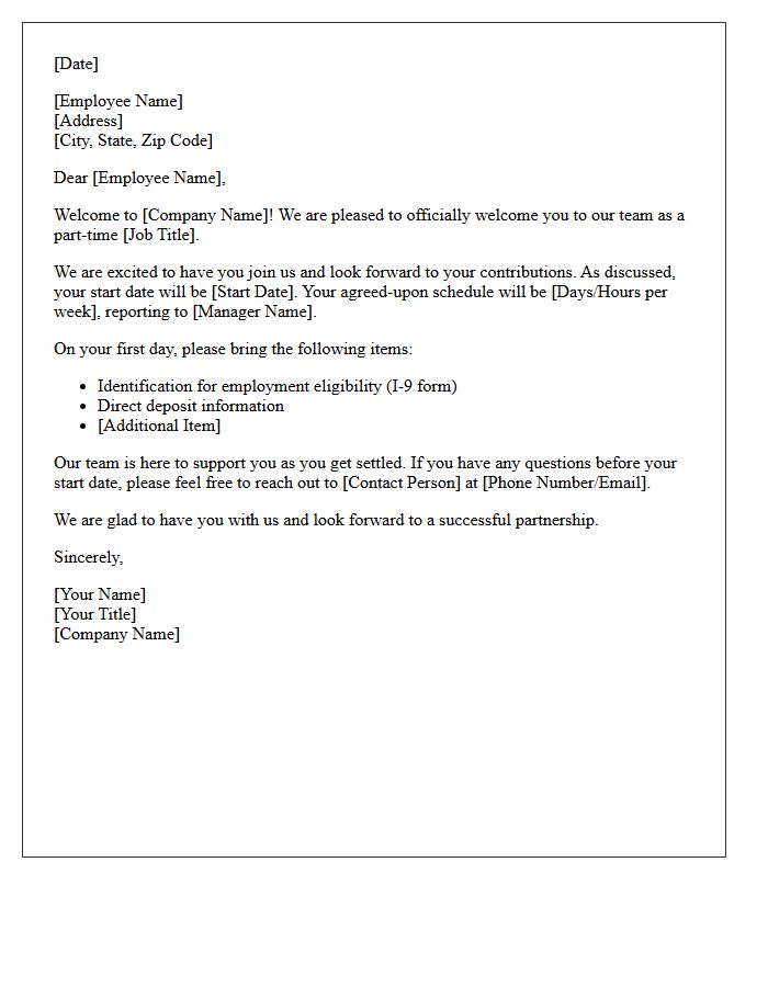 Standard Part-Time Employee Welcome Letter