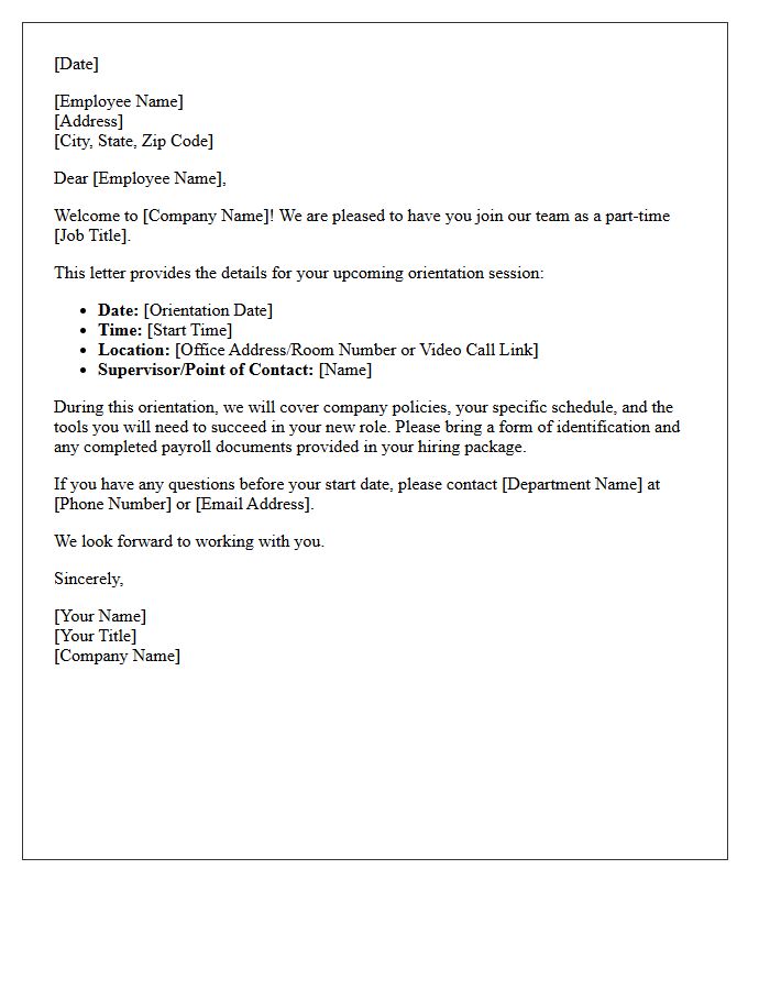 Part-Time Staff Orientation Welcome Letter