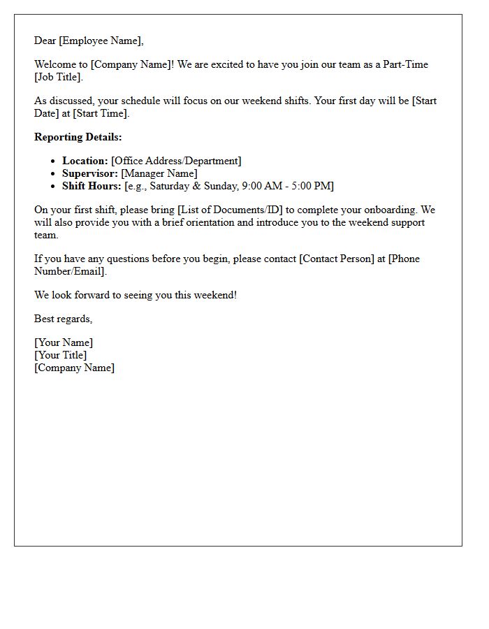 Weekend Shift Part-Time Welcome Letter